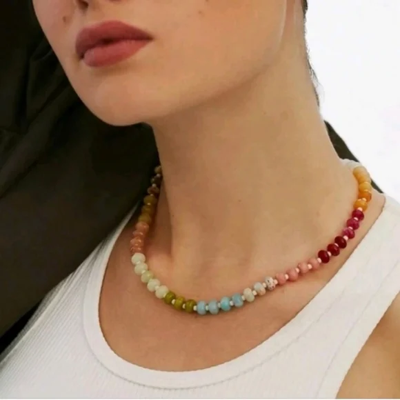 NEW!! Anthropologie Rainbow Multicolor Beaded Stones Gold Plated Necklace - Picture 2 of 7